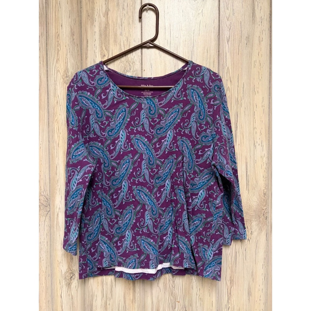 White Stag Womens XL Purple Paisley Cotton Long Sleeve Scoop Neck Top